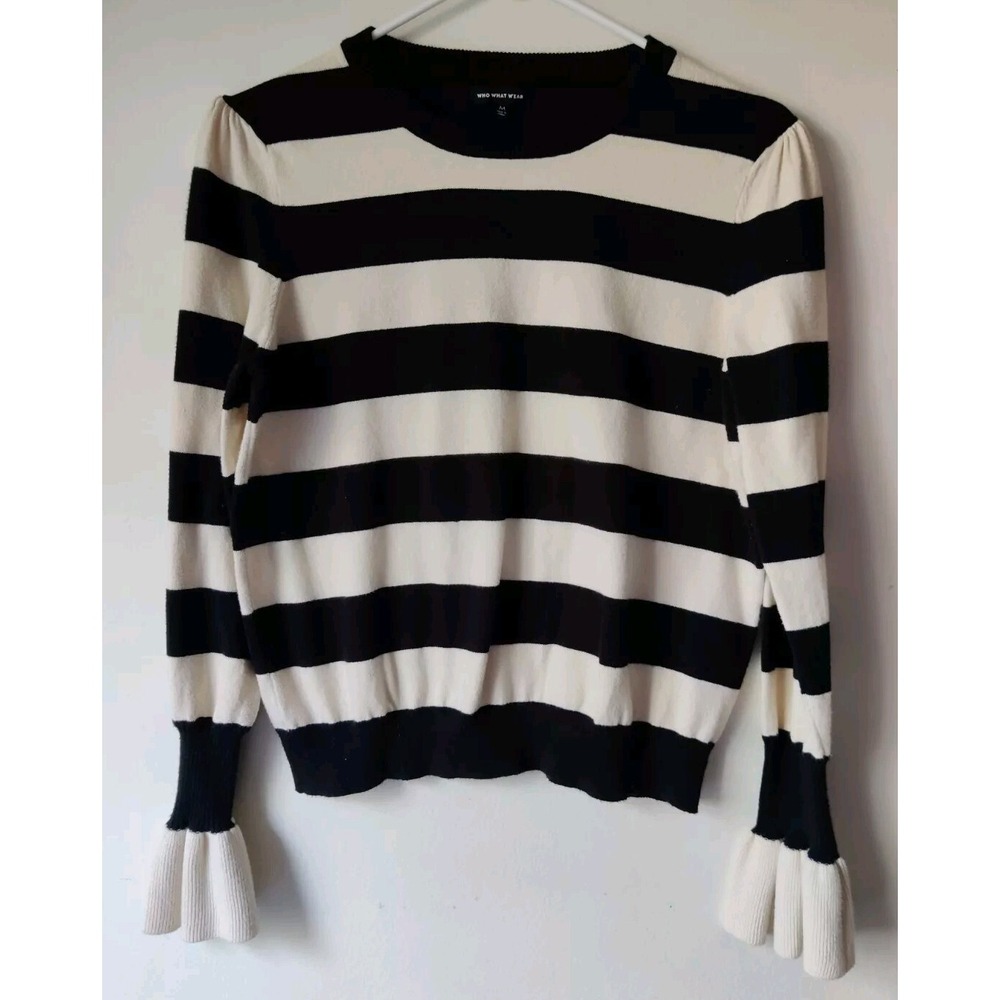 Who What Wear Striped Balloon Sleeves Sweater Size Medium Black/Cream